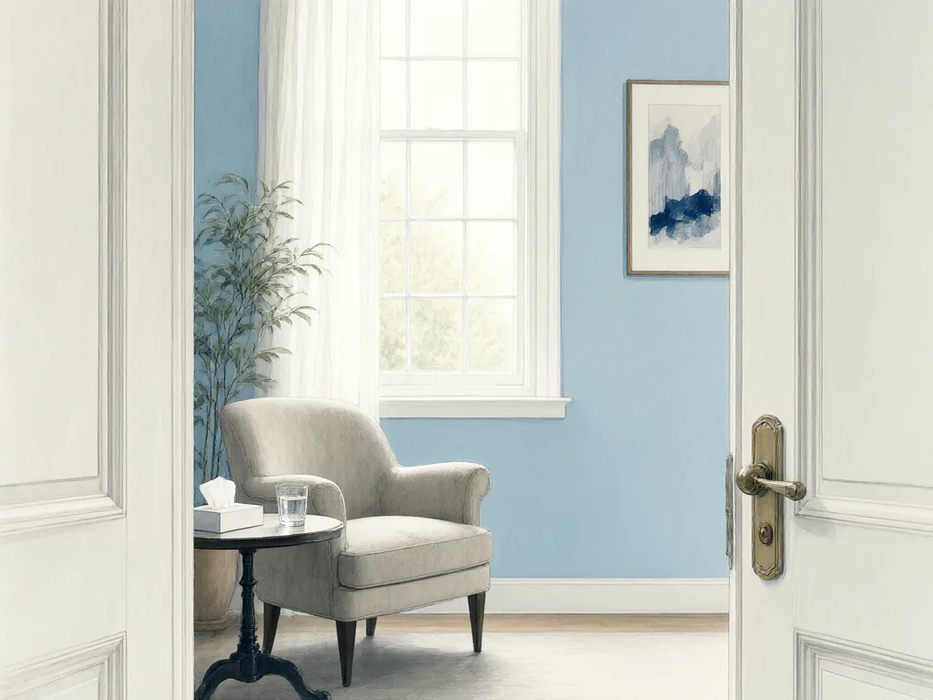 Ilustración de una consulta tranquila con un sillón, una planta y luz de ventana