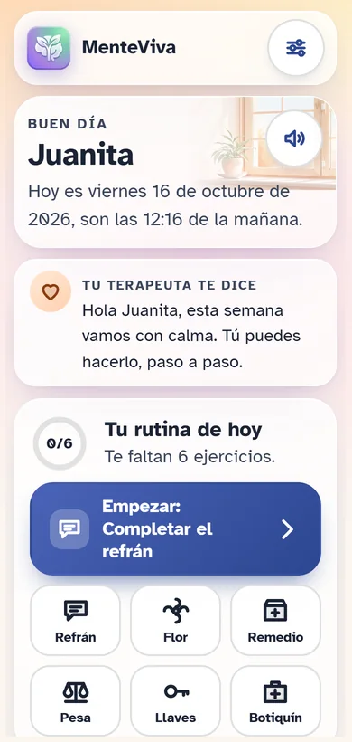 Pantalla de inicio de MenteViva con el saludo, el mensaje del terapeuta y la rutina del día